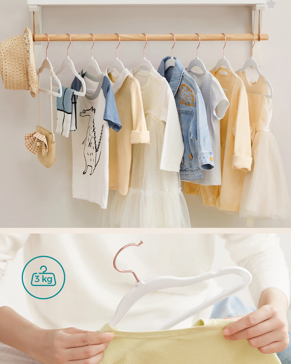 A child's hand is holding a white velvet hanger with a curved hook.