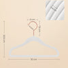 A white velvet hanger with a swivel hook is shown, illustrating its dimensions and features.