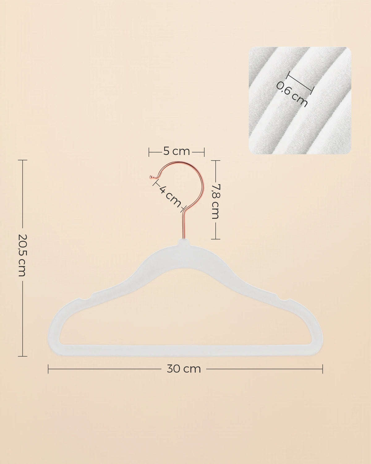 A white velvet hanger with a swivel hook is shown, illustrating its dimensions and features.