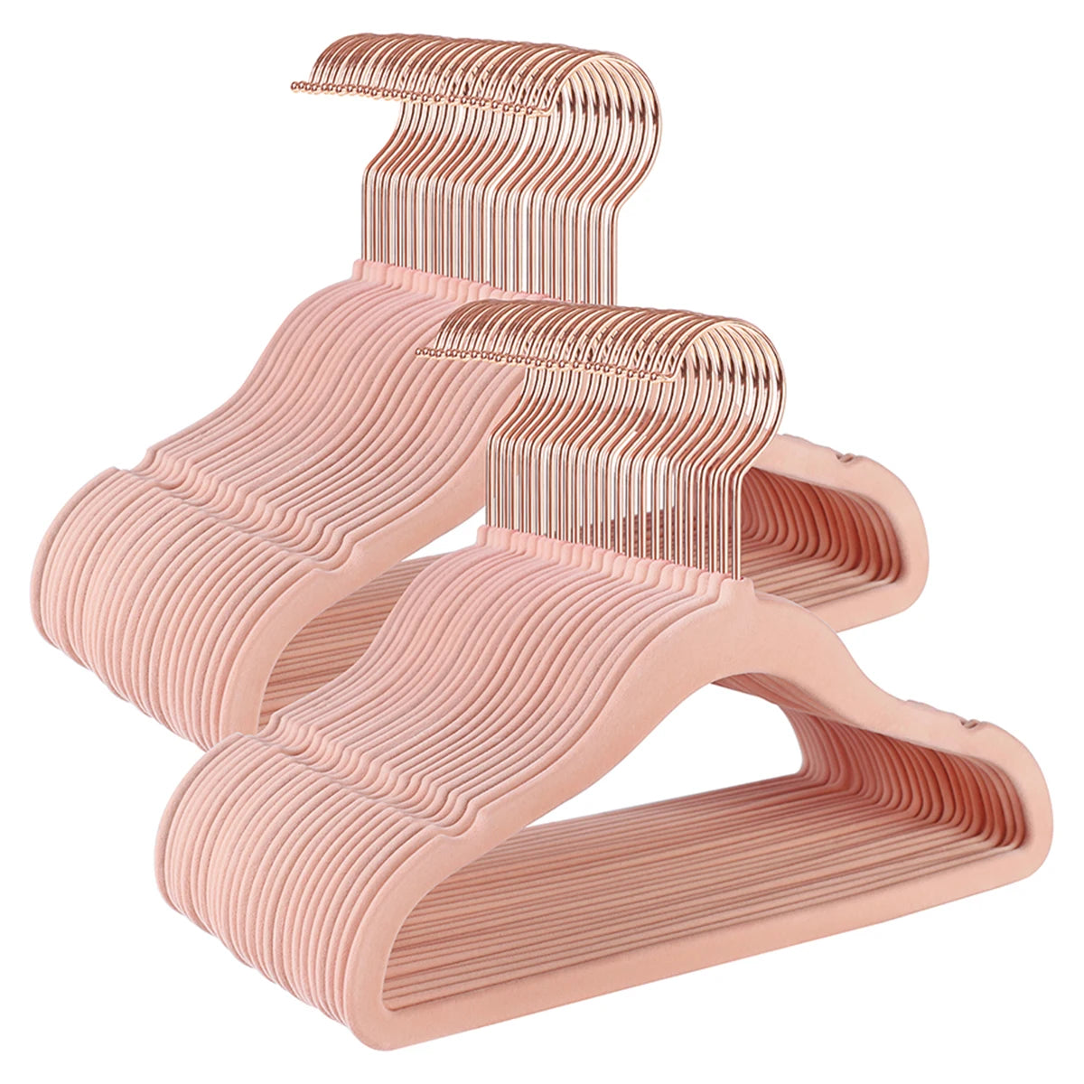 A set of pink velvet hangers with 360 degree swivel hooks for clothing.