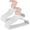White velvet hangers with copper-colored 360 degree swivel hooks for clothing.