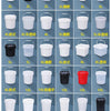 A collection of various sizes and colors of food-grade plastic buckets and containers.
