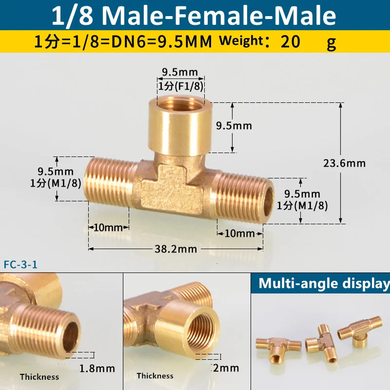 Brass BSP tee pipe fitting with male-female connections and multi-angle display components