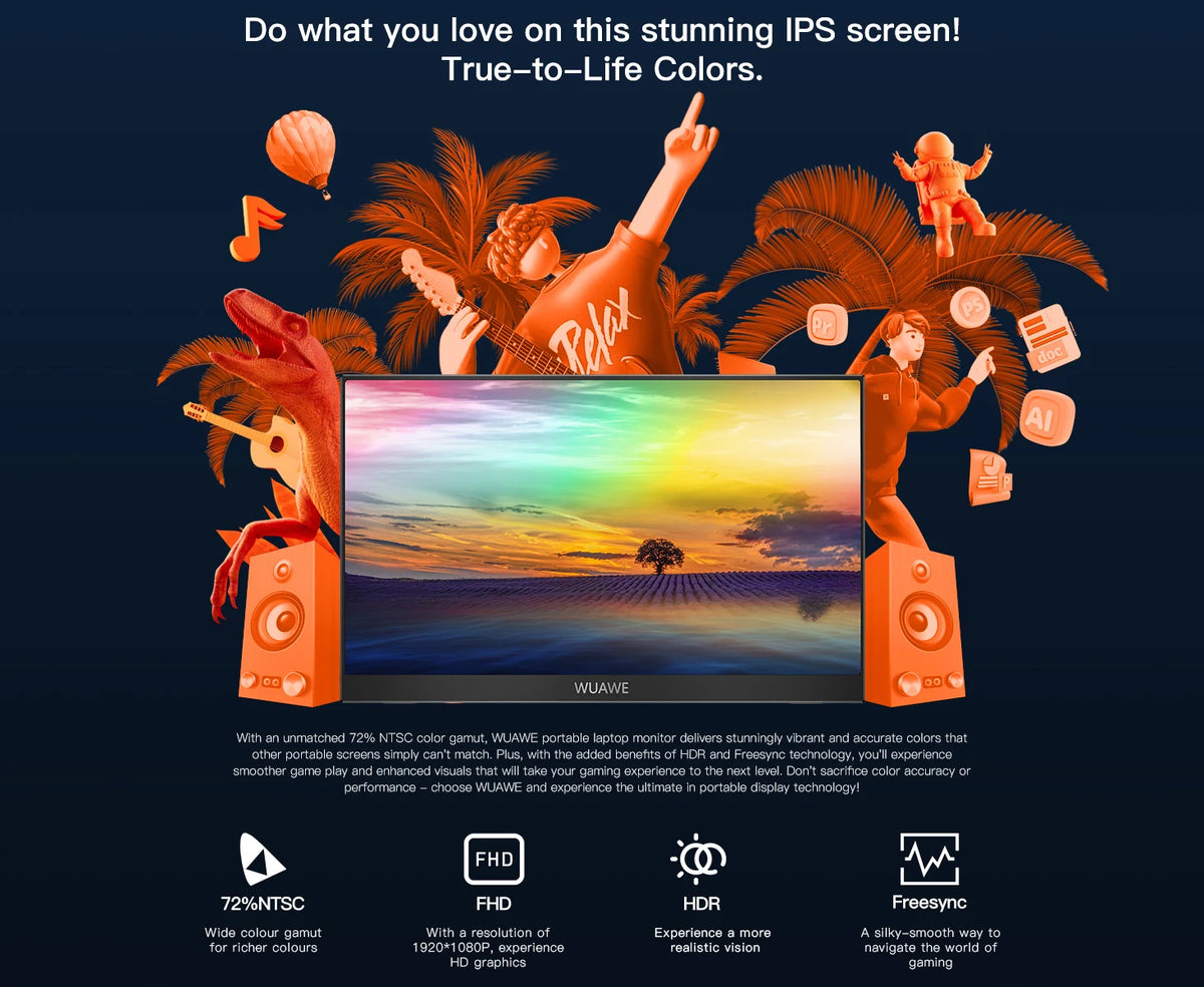 Portabler Laptop-Monitor mit Sonnenuntergangsszene und tropischen Elementen, Werbung für True-to-Life