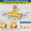 Brass 3/8 Female-Male-Female tee pipe fitting with various dimensions and angles