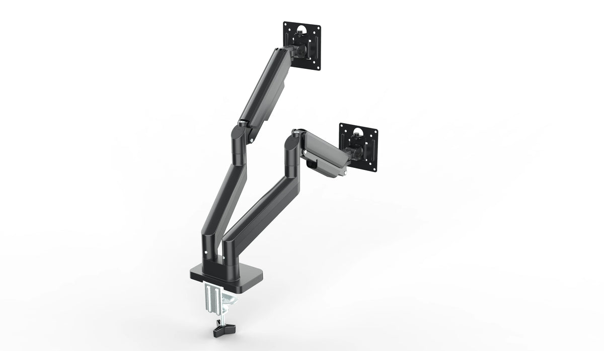 A black dual monitor desk mount with a 90-degree swivel joint and adjustable arm.