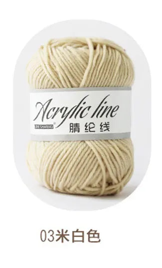 A ball of cream-colored acrylic line yarn for knitting and crochet.