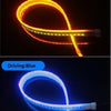 A flexible LED daytime running light strip is shown with a yellow turn signal and blue driving light.