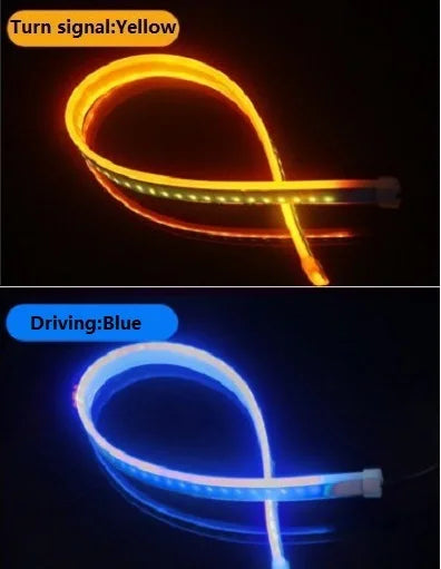 A flexible LED daytime running light strip is shown with a yellow turn signal and blue driving light.