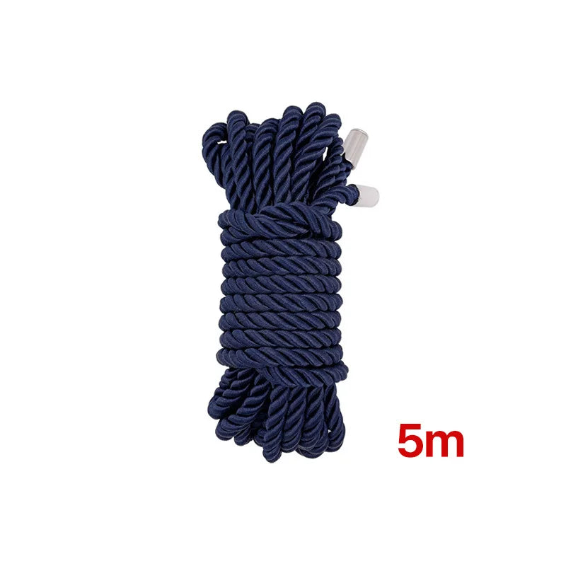 A bundle of dark blue soft silk bondage rope, 5 meters long.