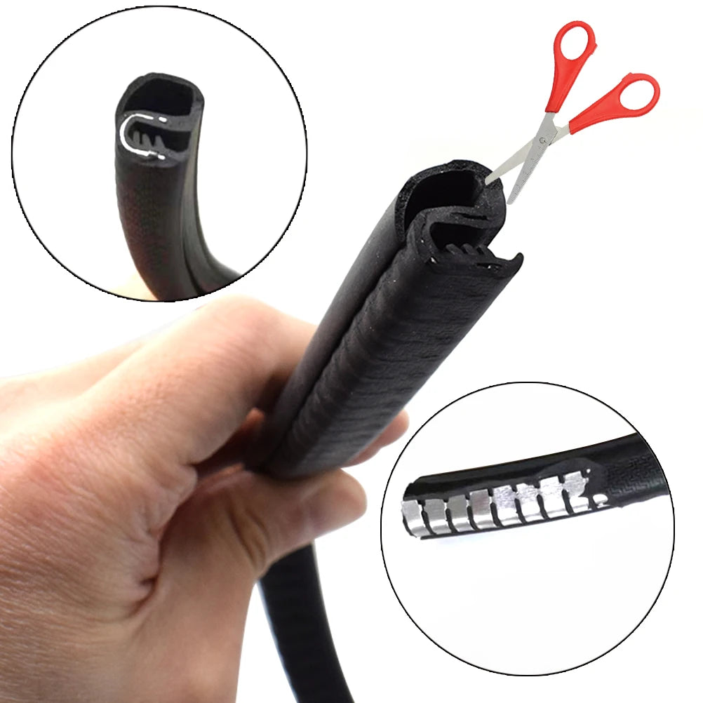 A hand holds a black car door seal strip, showing its profile and a close-up of the serrated edge.