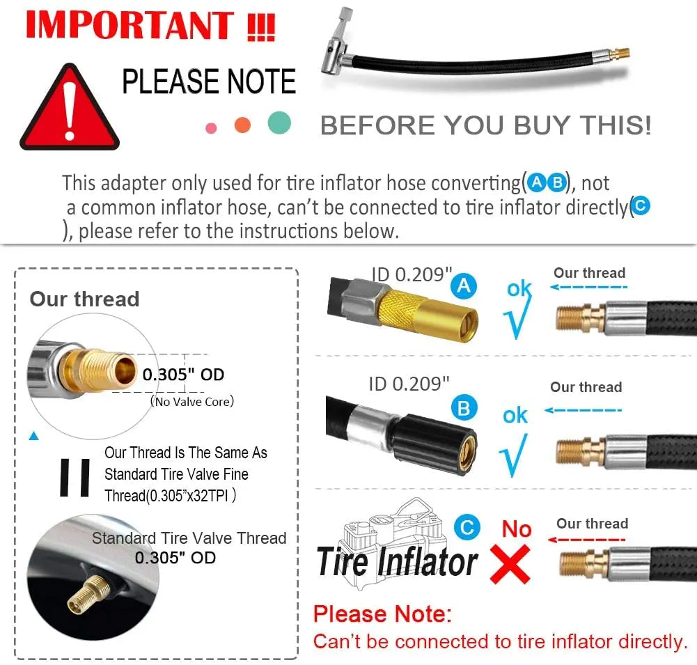 Diagram showing an adapter for converting a tire inflator hose to a tire inflator, with various thread sizes and connections.