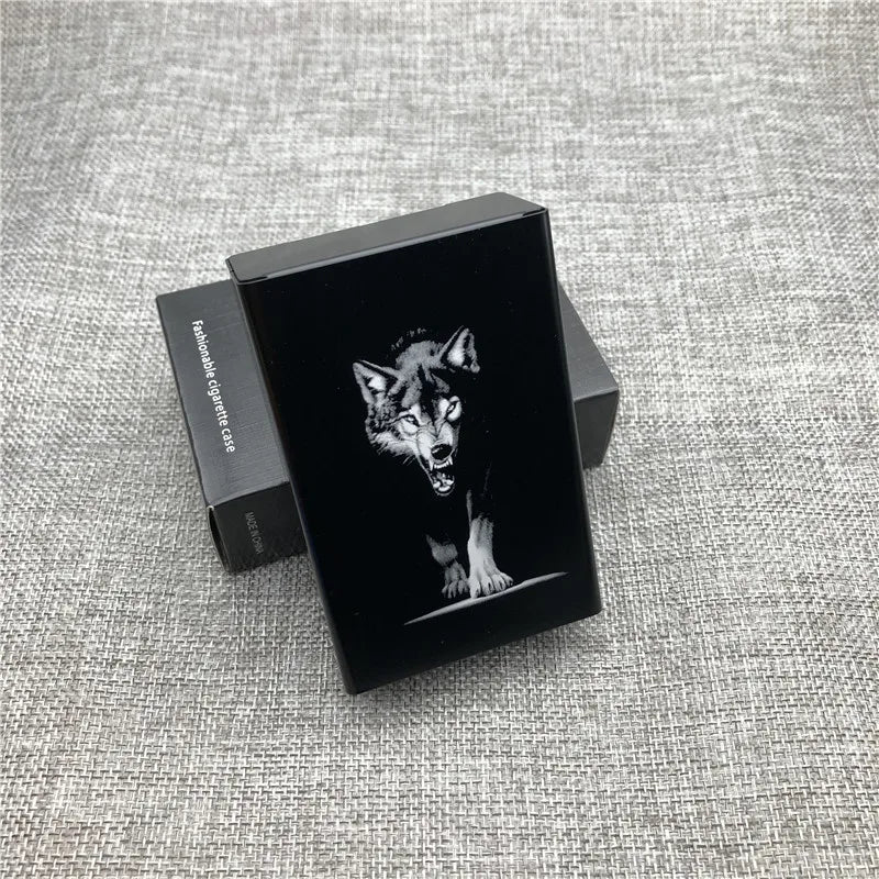 Ultra-Slim Aluminum Cigarette Case with Laser-Engraved Wolf Design