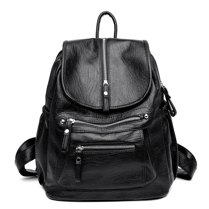 Black vintage faux leather women's backpack with multiple zippered compartments