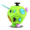 A bright lime green 12-sided fidget cube with black and blue accents and a silver stick.