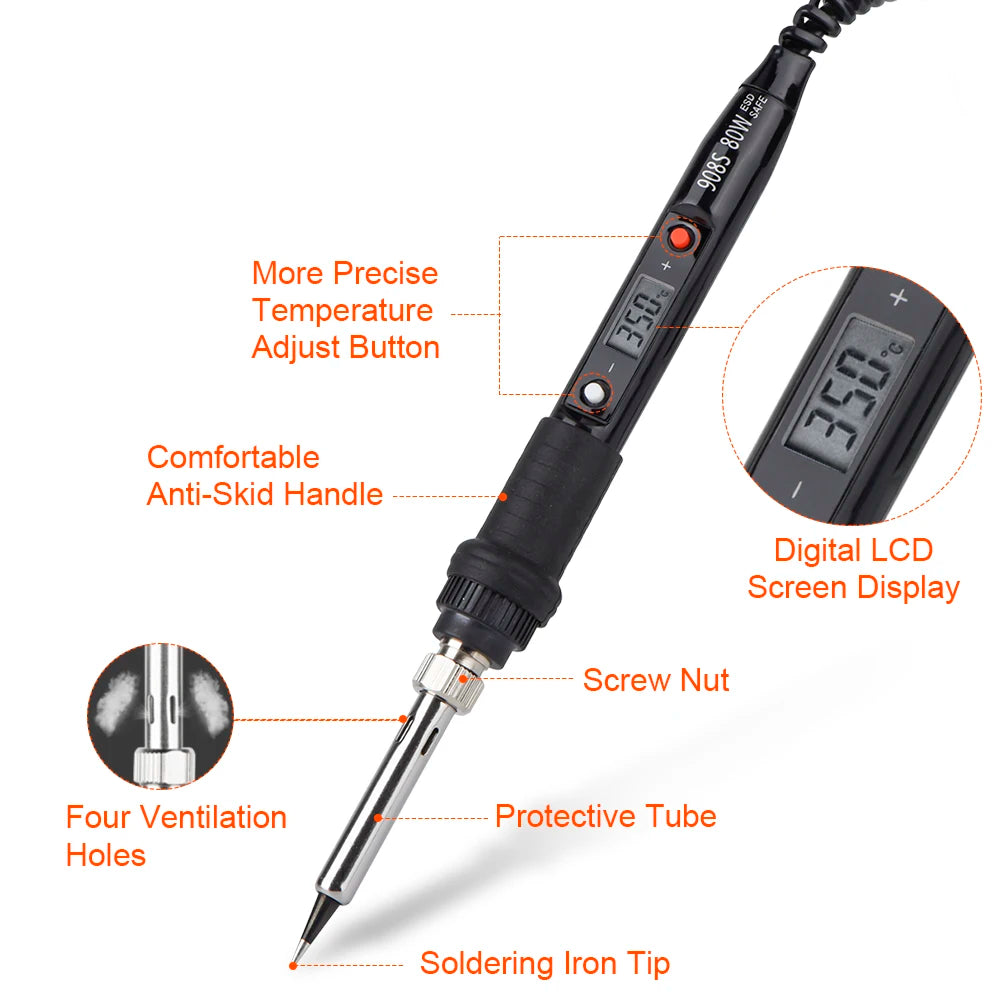 A black soldering iron with an LCD display, featuring an anti-skid handle, precise temperature adjustment, and a protective t