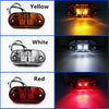 Three automotive LED lights in yellow, white, and red, showing their individual appearance and light output.