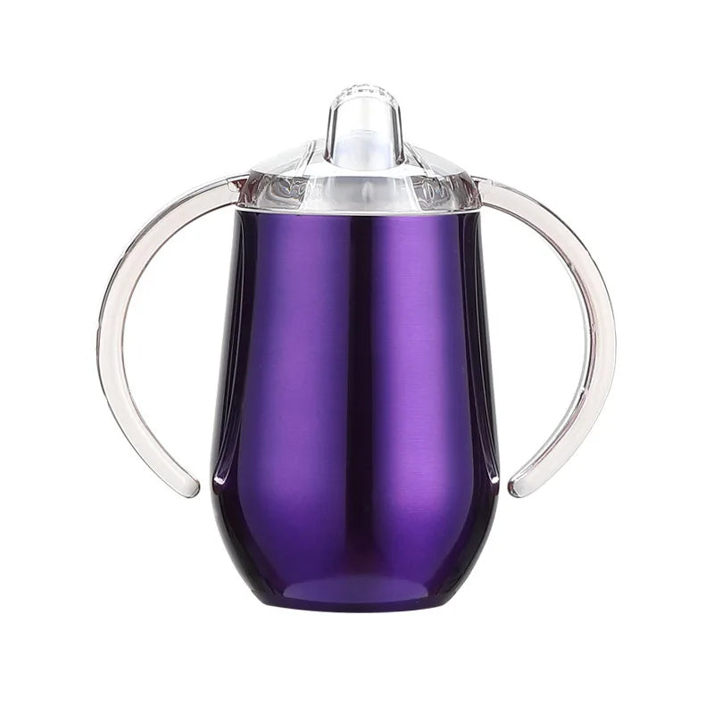Tasse à sipper en acier inoxydable isolé violette avec couvercle et anse transparente.