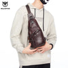 A man wearing a beige hoodie holds a brown genuine leather chest bag with a laptop compartment.