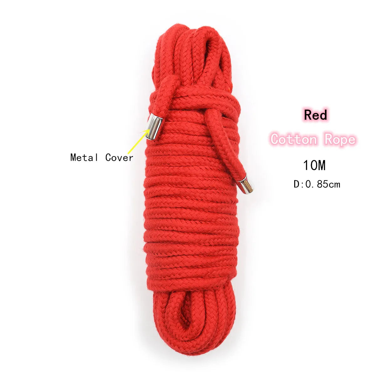 Red cotton rope with a metal cover, 10 meters long, used for Shibari bondage.