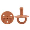 A single orange silicone baby pacifier soother with a rounded top and a ring base.