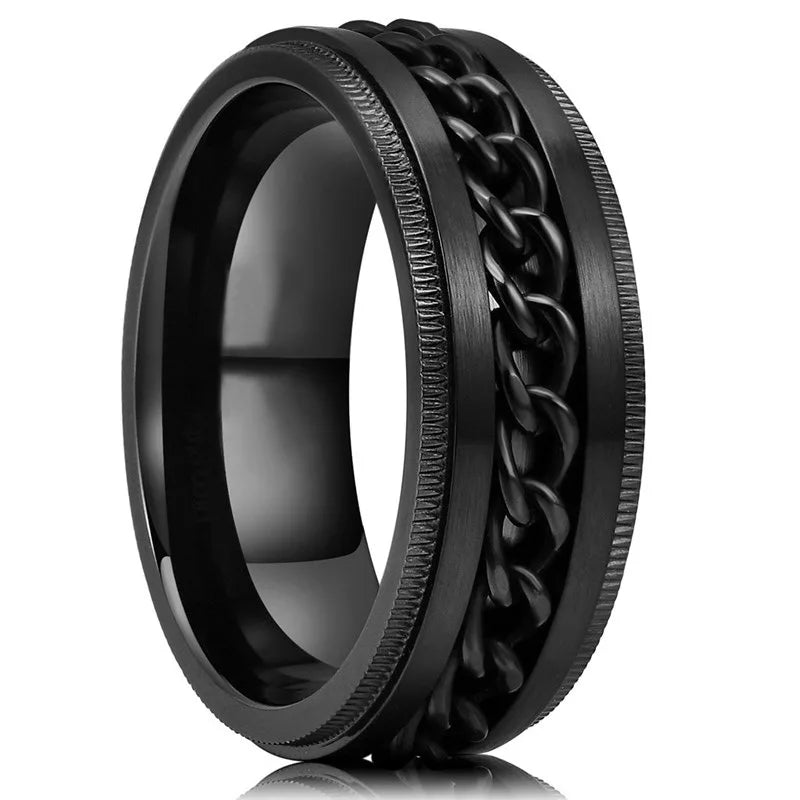 Men's Black Stainless Steel Wedding Band with Double Groove Detail