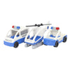 A set of police and rescue vehicles building blocks featuring blue and white cars with traffic signs.