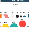 A collection of 20-piece wooden jigsaw puzzle shapes in various colors and angles.