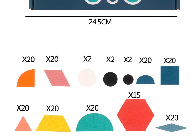 A collection of 20-piece wooden jigsaw puzzle shapes in various colors and angles.