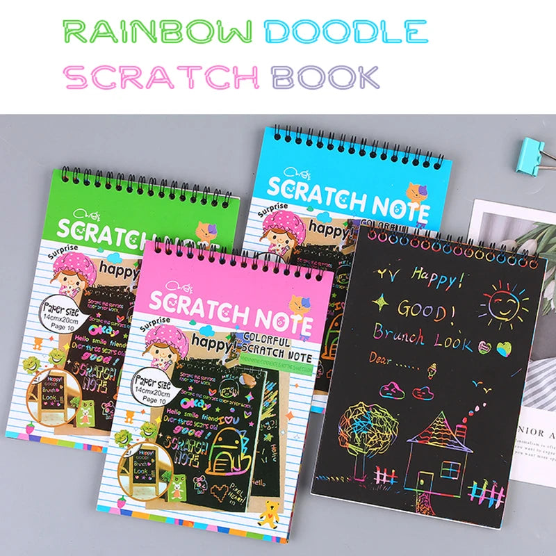 A set of colorful scratch books and notes for kids featuring rainbow themes and various craft ideas