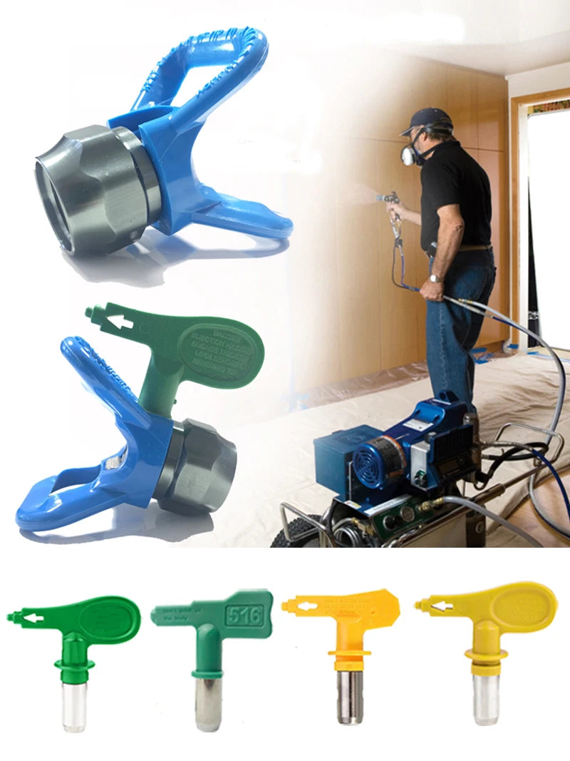 Various universal airless paint sprayer nozzles and guards in green, blue, and yellow colors.
