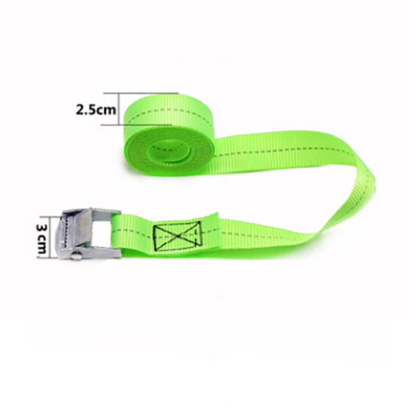 A bright lime green heavy-duty tie-down strap with a metal buckle, shown with dimension markers.