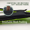 Close-up of black mesh shoulder padding on a tool belt with fluorescent green accents.