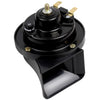 Black 12V waterproof electric snail horn with a threaded mounting post.
