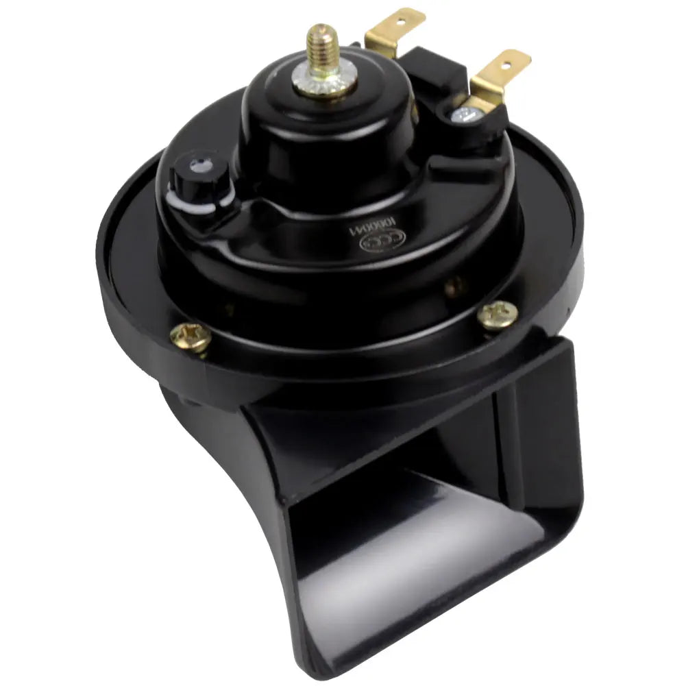 Black 12V waterproof electric snail horn with a threaded mounting post.