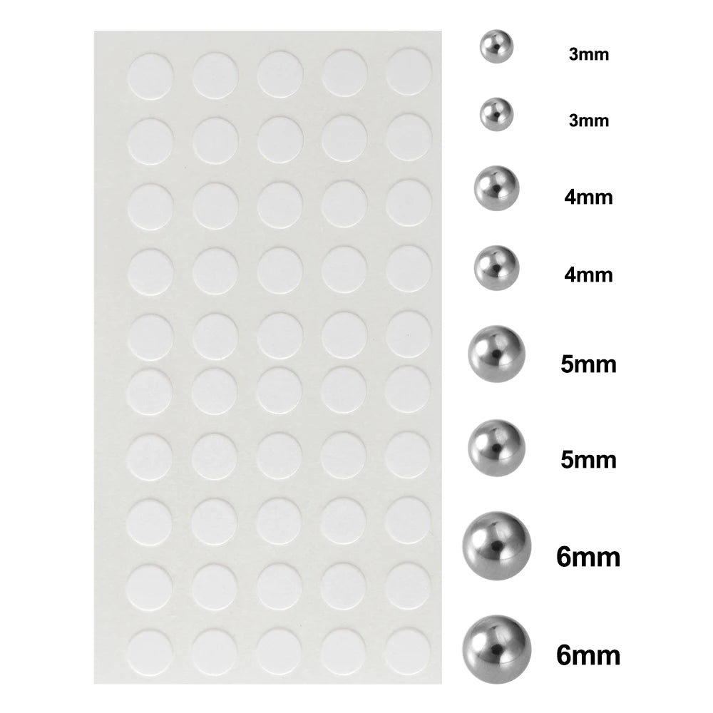 A grid of silver-colored adhesive fake piercing studs with varying diameters from 3mm to 6mm.
