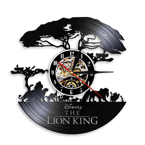 A black vinyl record shaped wall clock featuring a silhouette of a lion and jungle foliage.