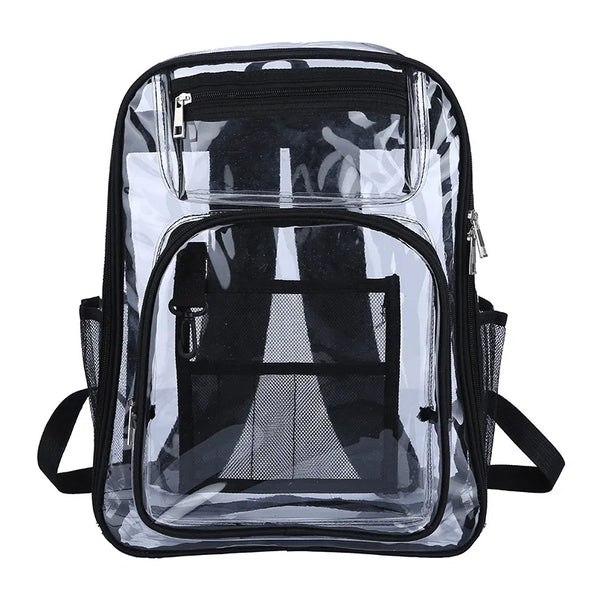 Mochila impermeable de PVC transparente con forro de malla negra y detalles de cremallera.