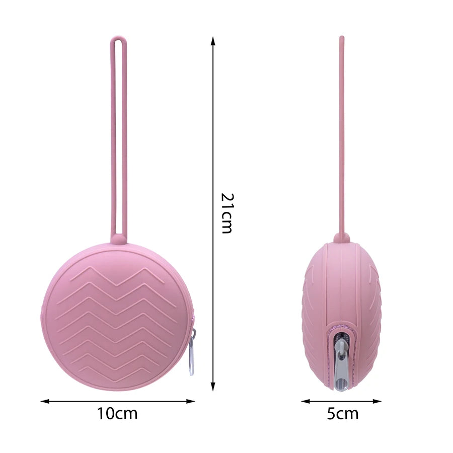 Pink food-grade silicone pacifier case with a long strap and a round body