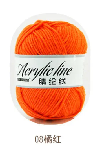A ball of bright orange acrylic line yarn labeled 08 neon orange thread.