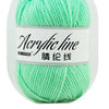 A ball of bright lime green acrylic line yarn labeled as 25-count thread for knitting and crochet.