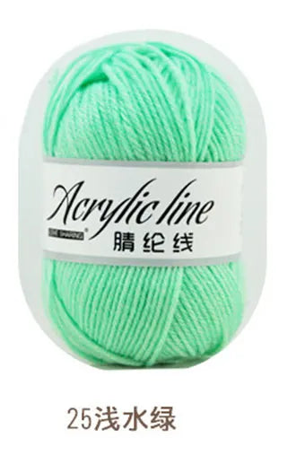A ball of bright lime green acrylic line yarn labeled as 25-count thread for knitting and crochet.