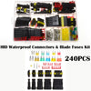 A kit of waterproof automotive electrical connectors and blade fuses with various male and female terminals.