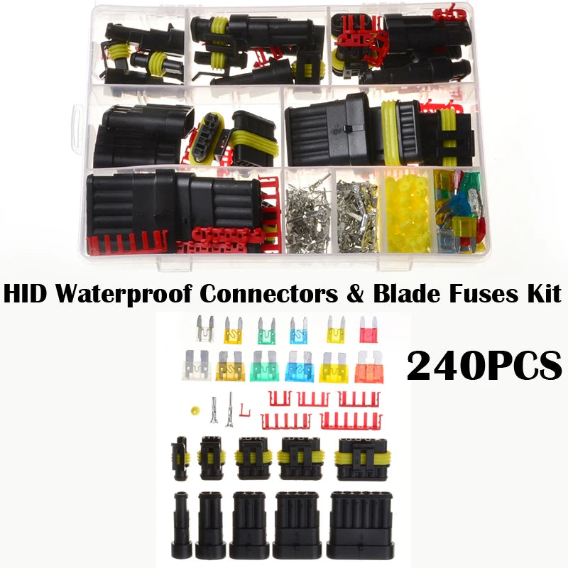 A kit of waterproof automotive electrical connectors and blade fuses with various male and female terminals.