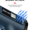 Close-up of a blue digital heat gun showing temperature settings and heat dissipation arrows.
