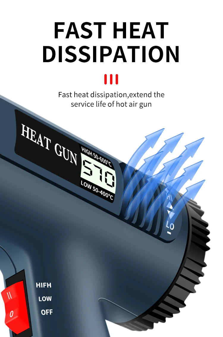 Close-up of a blue digital heat gun showing temperature settings and heat dissipation arrows.