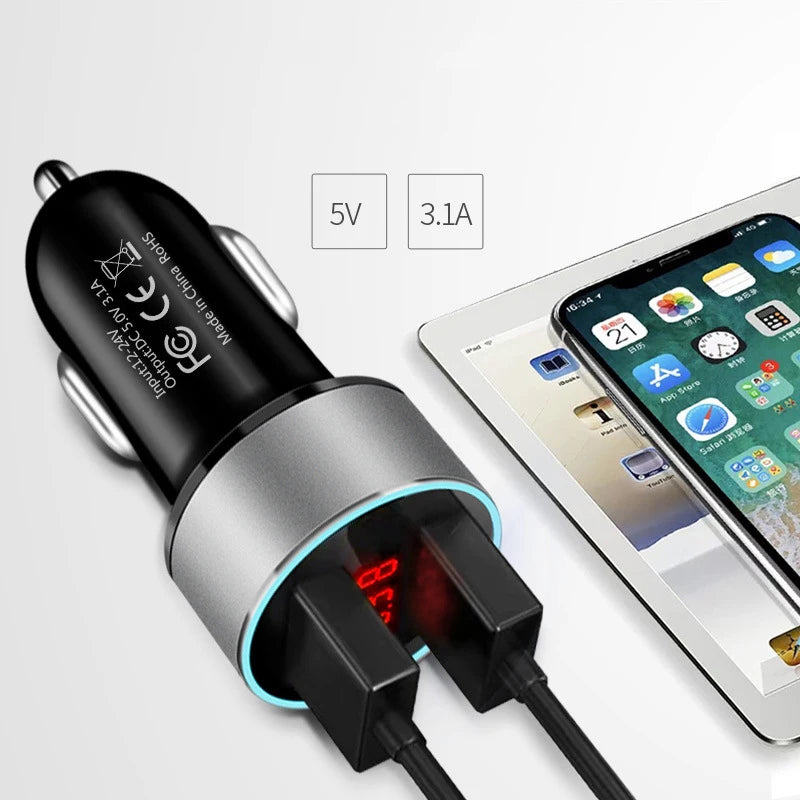 A black USB fast car charger with 5V and 3.1A output is shown next to a smartphone.