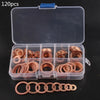 A clear plastic box containing 120 copper sealing washers or sump plugs for various fittings.