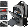 Grauer Slim-Laptop-Rucksack mit verschiedenen Fächern und Zubehör.
