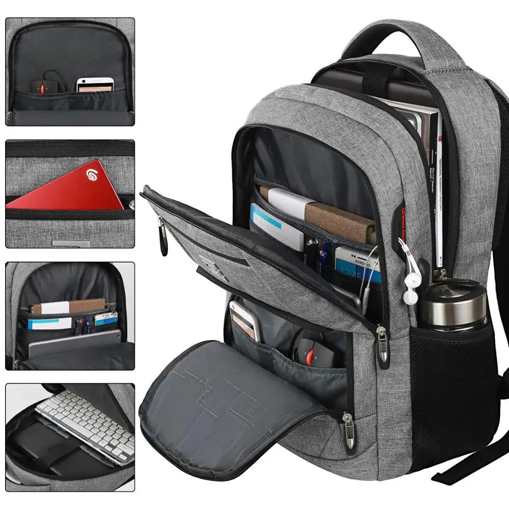 Grauer Slim-Laptop-Rucksack mit verschiedenen Fächern und Zubehör.